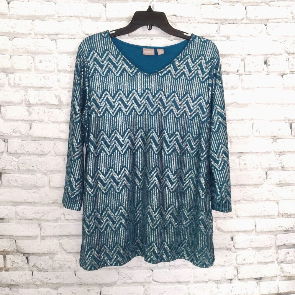 Chico's Top Womens 2 Large Blue Silver Chevron Striped 3/4 Sleeve Blouse Lined